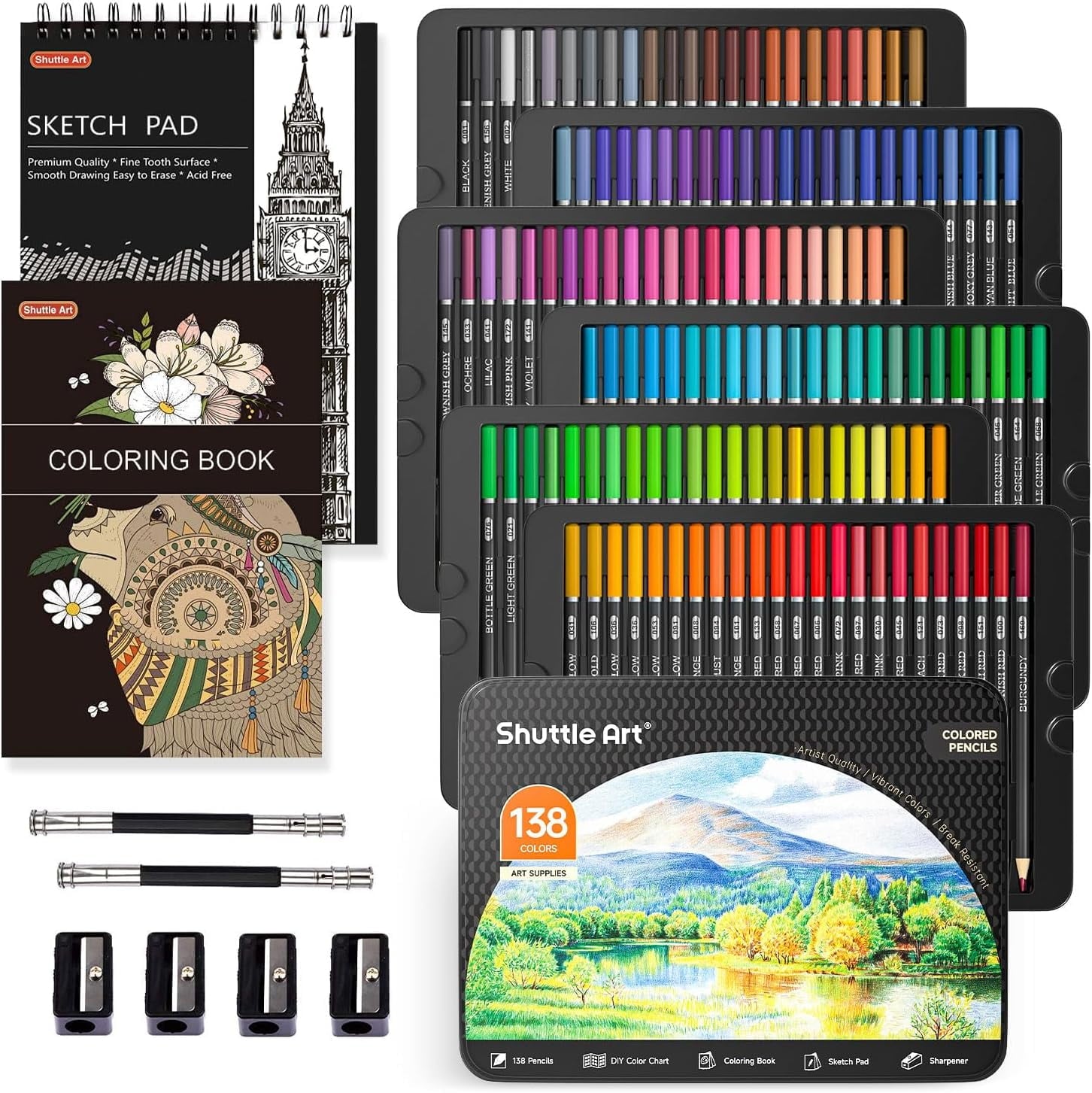 138 Colors Professional Colored Pencils, Shuttle Art Soft Core Coloring Pencils Set with 1 Coloring Book,1 Sketch Pad, 4 Sharpener, 2 Pencil Extender, for Artists Kids Adults Coloring