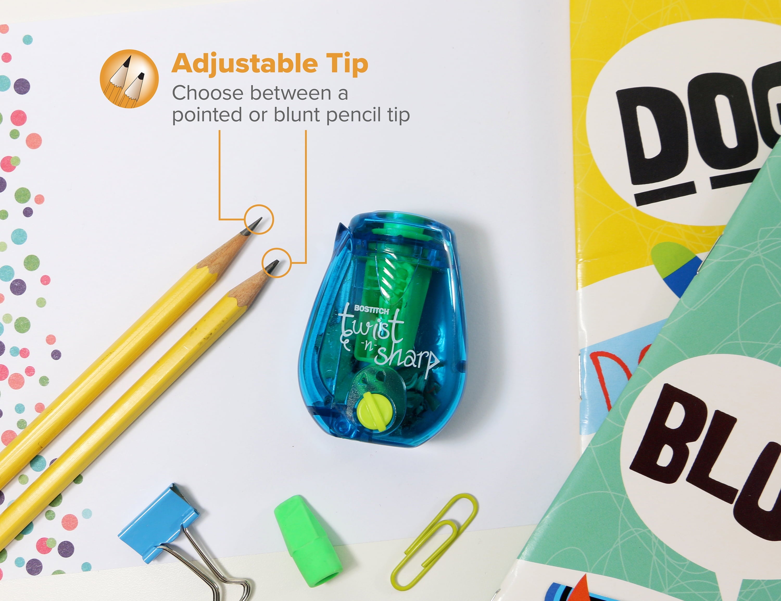 (3 pack) Bostitch Office Twist-n-Sharp, Manual, Pencil Sharpener, Kid-friendly, Can be Used to Sharpen Colored Pencils, Blue, 1 Hole