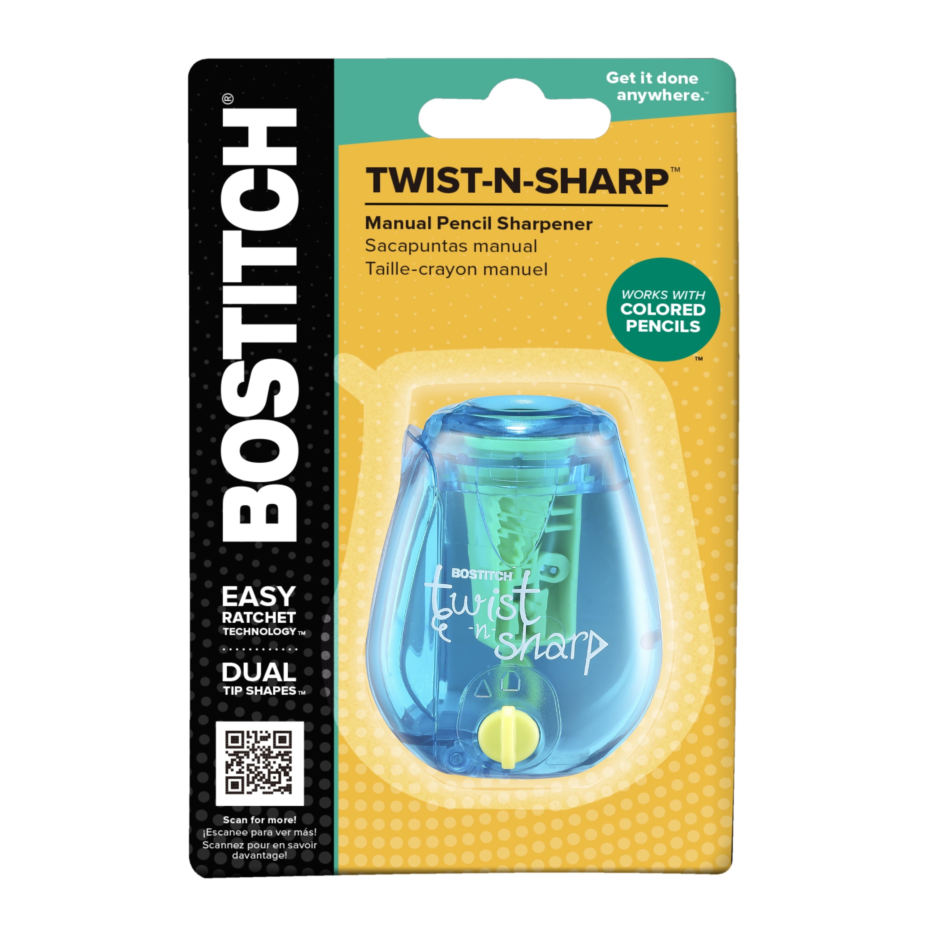 (3 pack) Bostitch Office Twist-n-Sharp, Manual, Pencil Sharpener, Kid-friendly, Can be Used to Sharpen Colored Pencils, Blue, 1 Hole